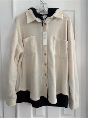 Bluivy Cream Button Front Fleece hooded Shacket Black waffle knit Contrast NWT